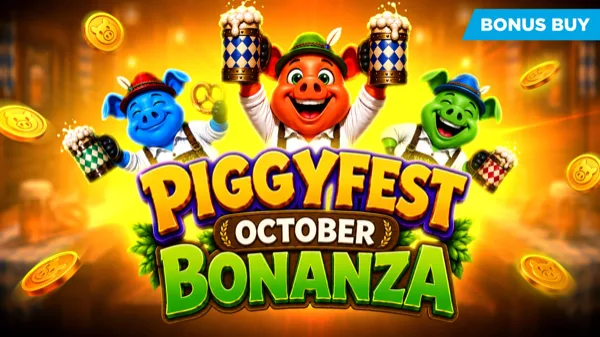 Pantalla de la tragamonedas Piggyfest Bonanza de Evoplay, con cerditos en trajes bávaros y símbolos de Oktoberfest