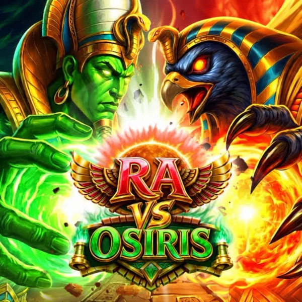 Pantalla de la tragamonedas Ra vs Osiris de Pragmatic Play, con el dios halcón Ra y el faraón espectral Osiris