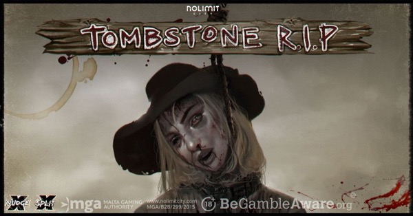 Arte oficial de la tragamonedas Tombstone R.I.P. de Nolimit City, con escenario de pueblo fantasma del viejo oeste