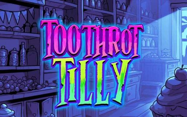 Pantalla de la tragamonedas Toothrot Tilly, con el personaje Tilly y el Hada de los Dientes en estilo neón